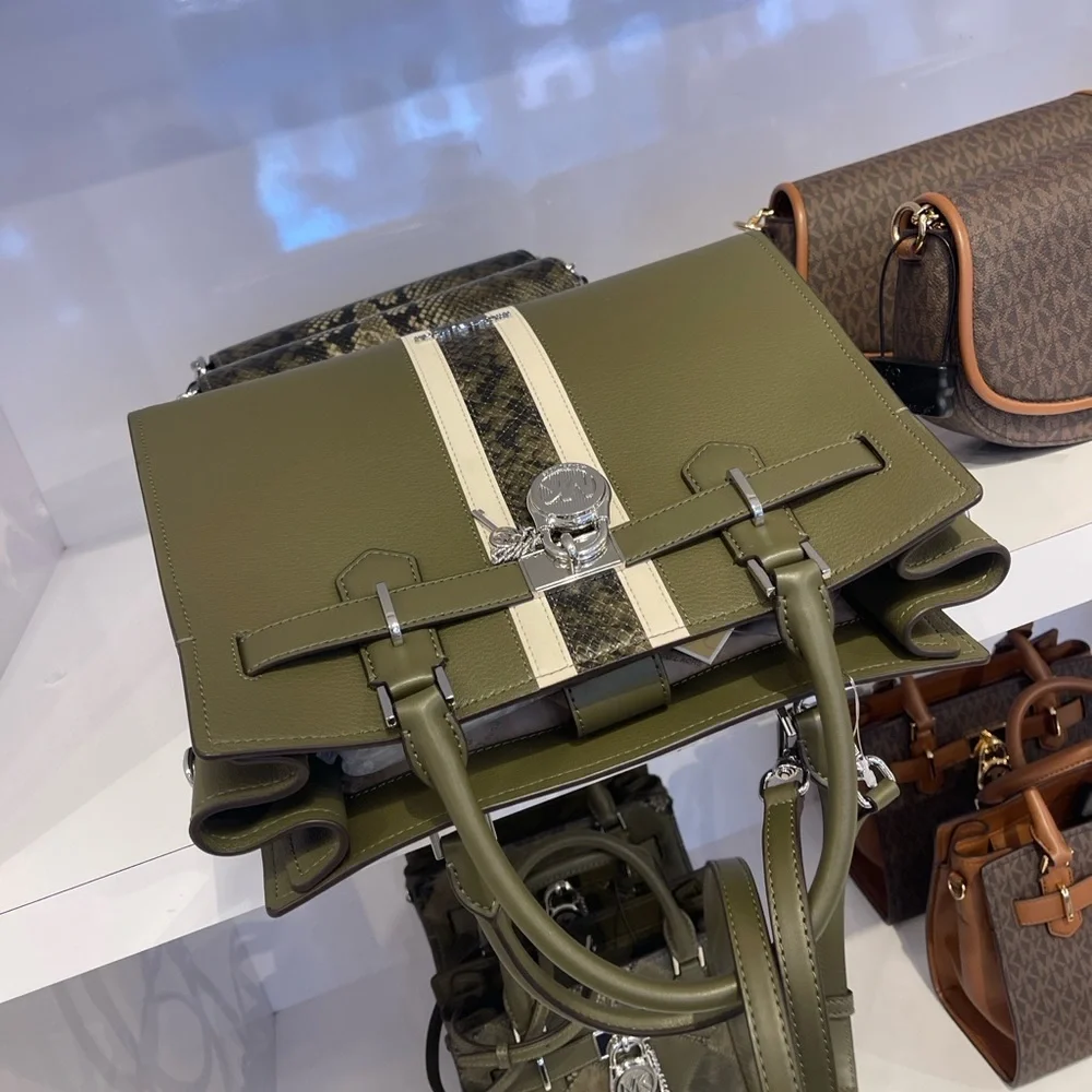 MICHAEL KORS Hamilton Med Leather and Snake Embossed Stripe Satchel Olive  NWT
